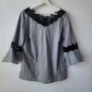 Chicos women's Black White Gingham Lace Trim Bell Sleeve Tunic tpp size L